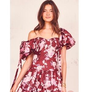 NWOT LoveShackFancy Jansen Top in Oxblood Floral Maroon Pink Spring Puff Sleeve